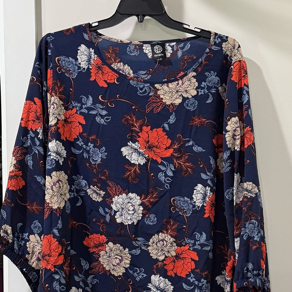 Bobeau Navy Floral Blouse with Red and White Accents